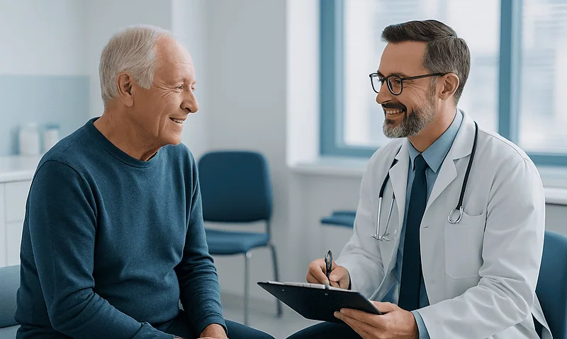 Urologist consulting with senior male patient in a medical office.