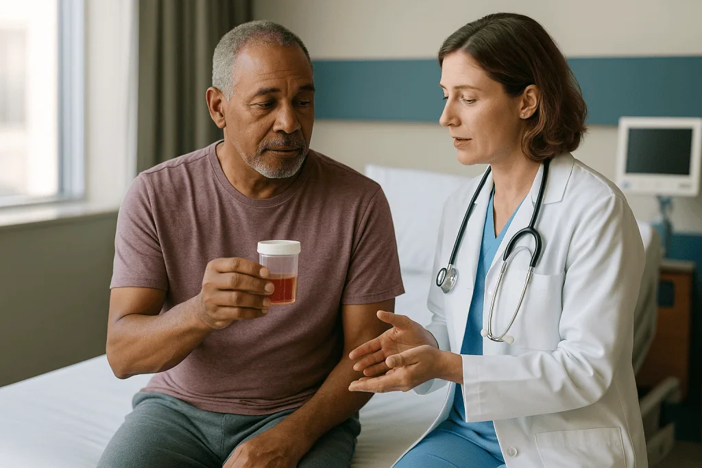 Doctor consulting with male patient holding glass of liquid: Is blood in urine after TURP normal? What the care team expects
