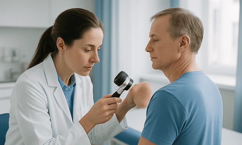 Doctor examining patient's skin with a dermatoscope in a clinical setting.