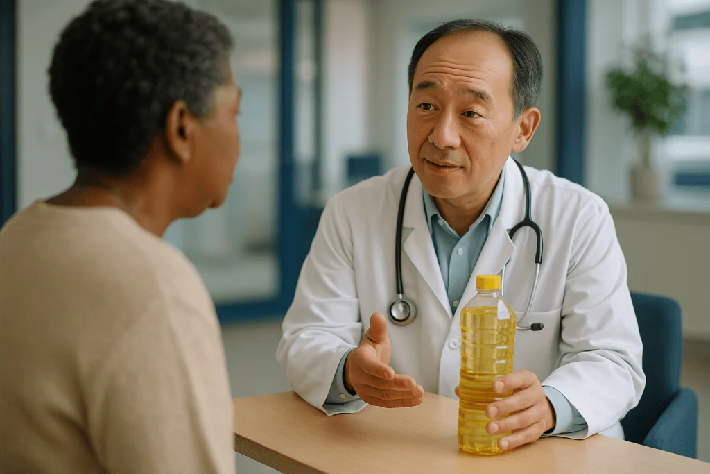 Doctor consulting patient in clinical office setting: Is canola oil bad for you? What the evidence actually says