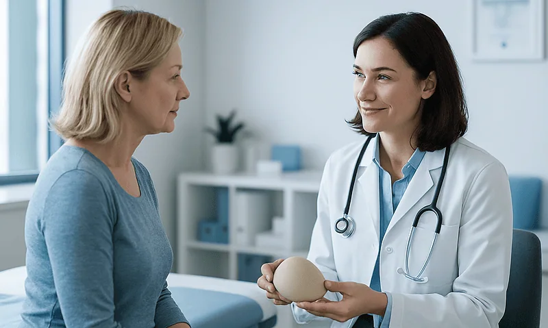 Doctor explaining breast prosthesis removal to a patient in a clinic.