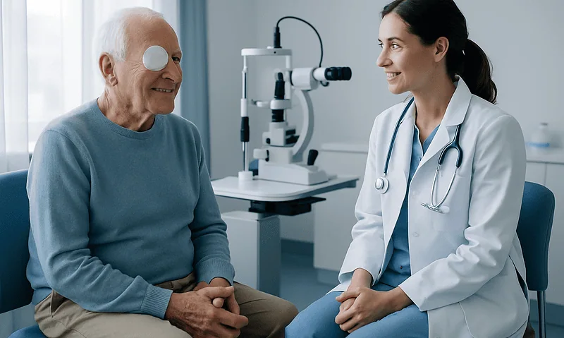 Ophthalmologist consulting elderly patient in a modern clinic.