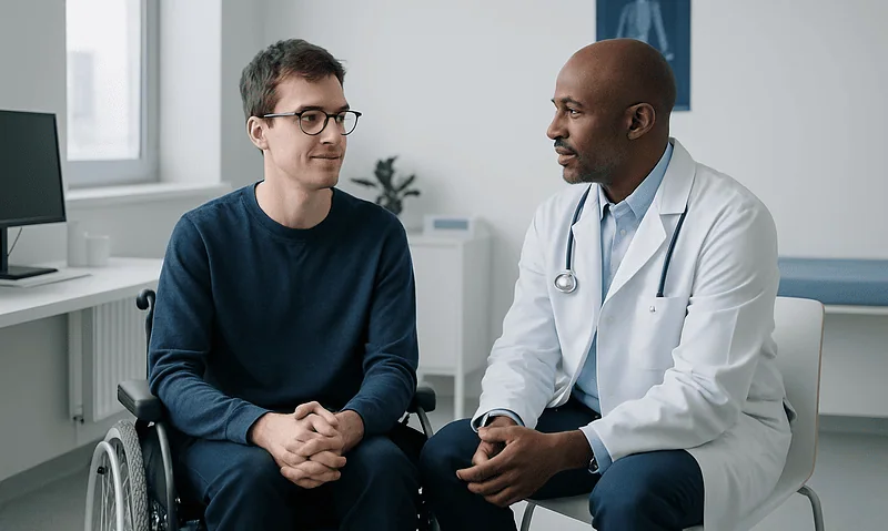 Doctor consulting with a young male patient in a hospital room.