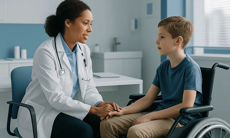Doctor consulting with a young boy in a wheelchair in a medical office.