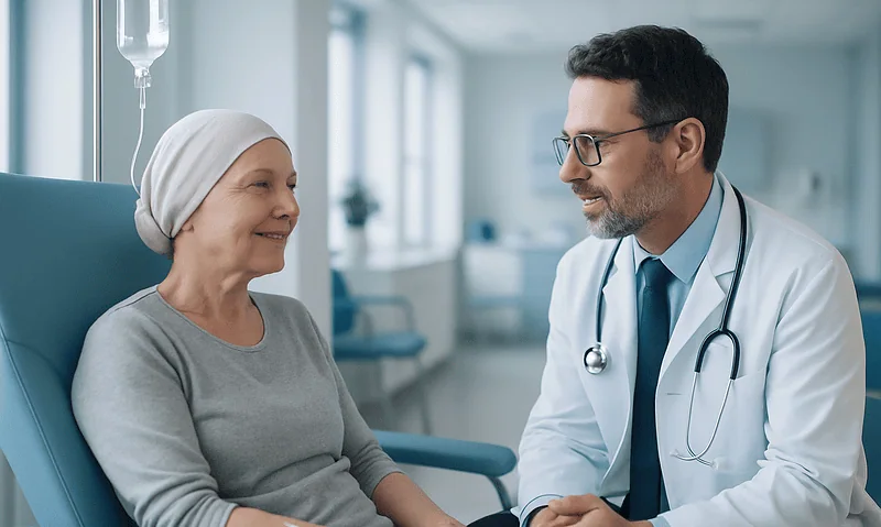 Compassionate doctor talking to a patient in a hospital room.