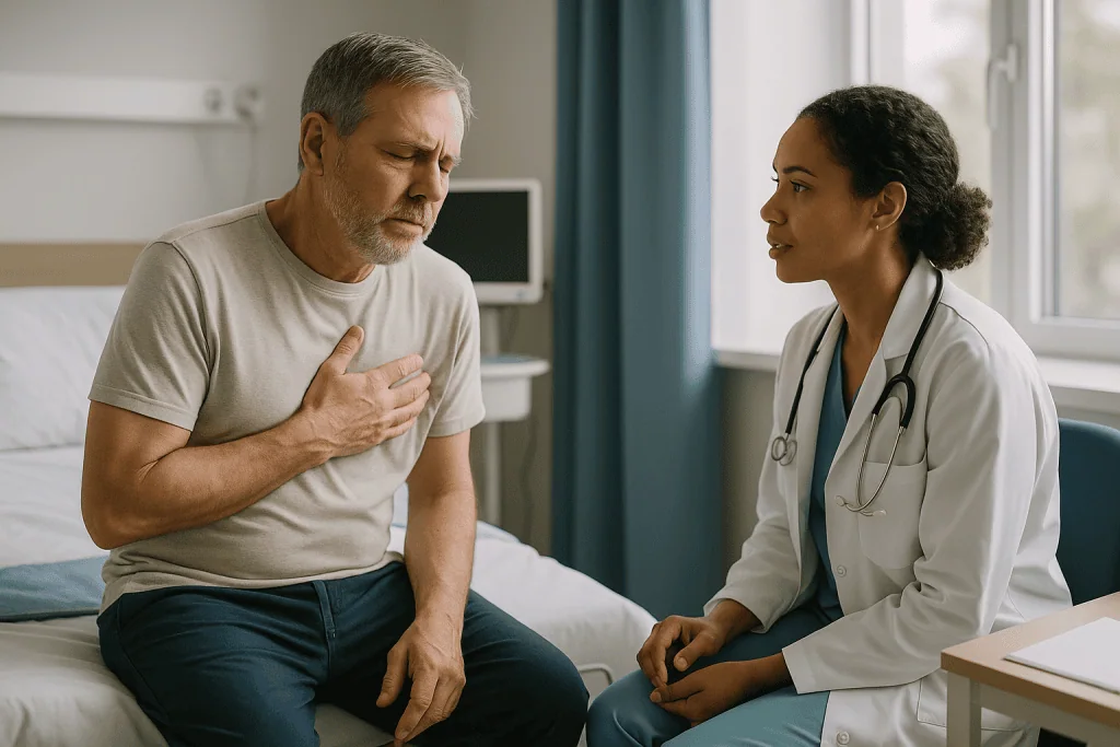 Doctor consulting with male patient about chest symptoms: Is chest pain after achalasia treatment normal in the first week?