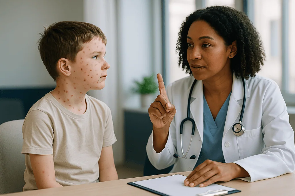 Doctor consulting child patient with chickenpox rash: Is chickenpox still contagious after 7 days?