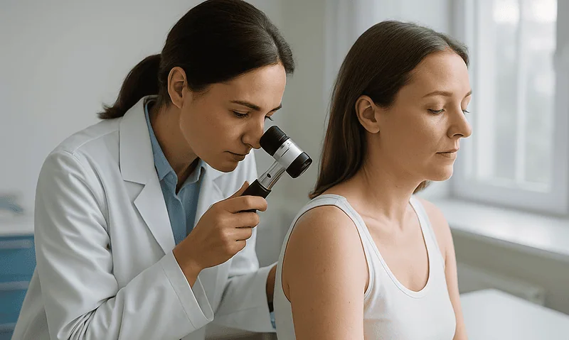 Doctor examining woman's skin with a magnifying glass in a clinical setting.
