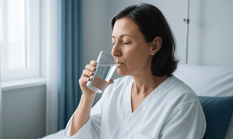 Woman drinking water in a hospital room for hydration and health.