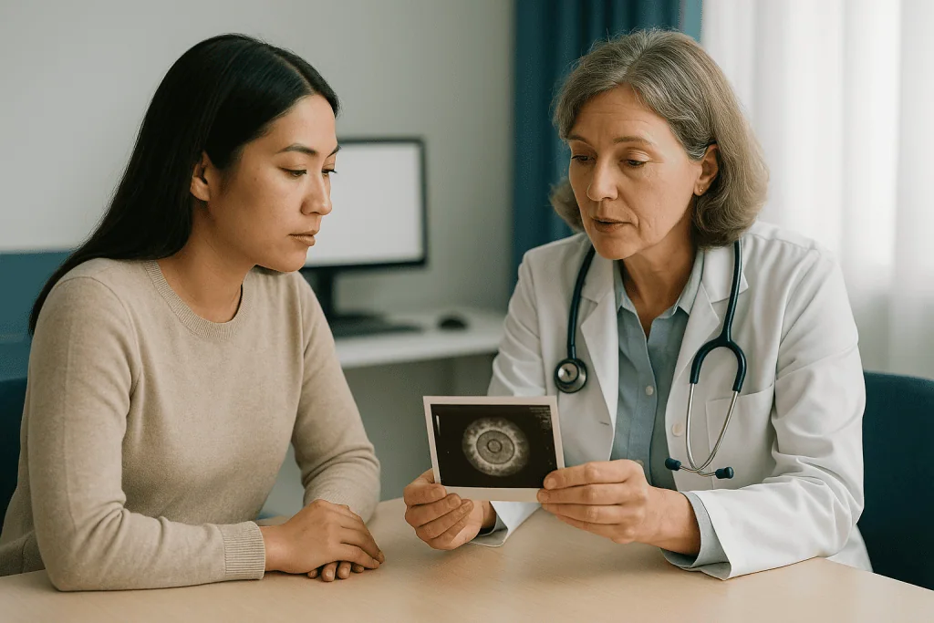 Doctor reviewing medical imaging with patient in consultation: Is egg freezing like IVF? The process step by step