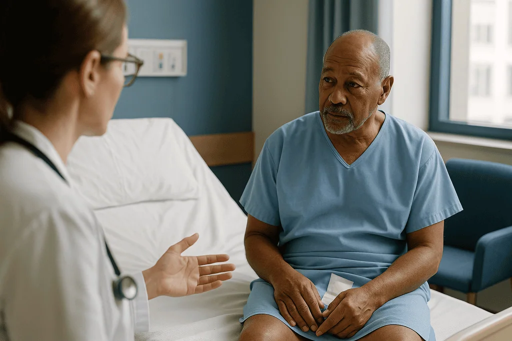 Doctor consulting with patient in clinical setting: Is endovascular surgery a major surgery? How serious is it?