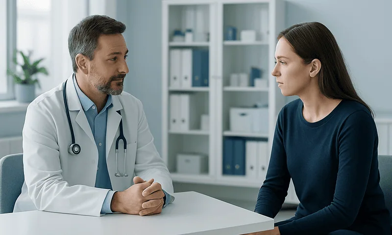 Doctor consulting with a young woman in a medical office.
