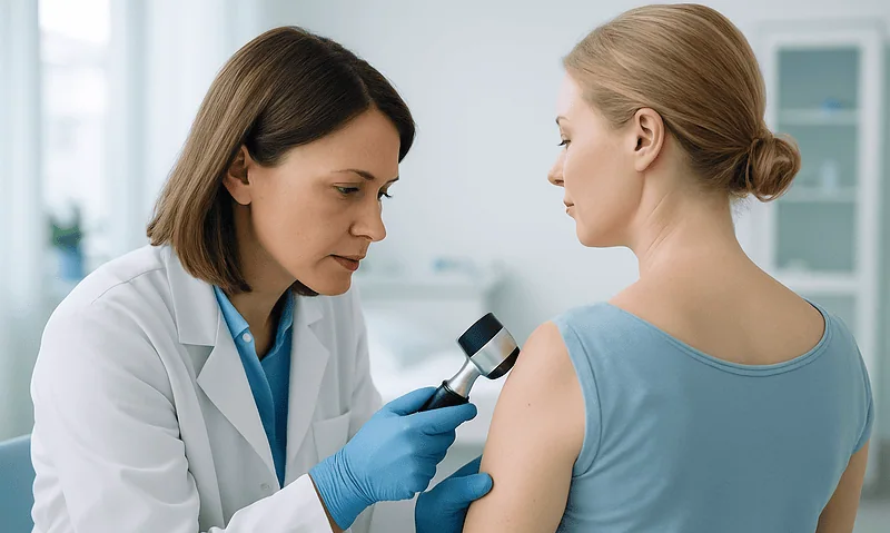 Doctor examining patient's shoulder with a medical instrument in a clinical setting.