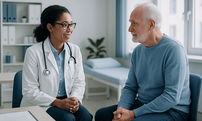 Doctor consulting with elderly patient in a medical office.