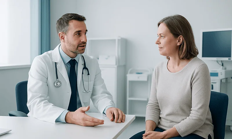 Doctor consulting with a female patient in a modern medical office.