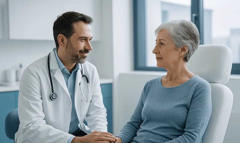 Is Facial Aesthetic Surgery Different After 60? Age, Medications and Healing Considered 2 Doctor consulting with an elderly female patient in a medical office.
