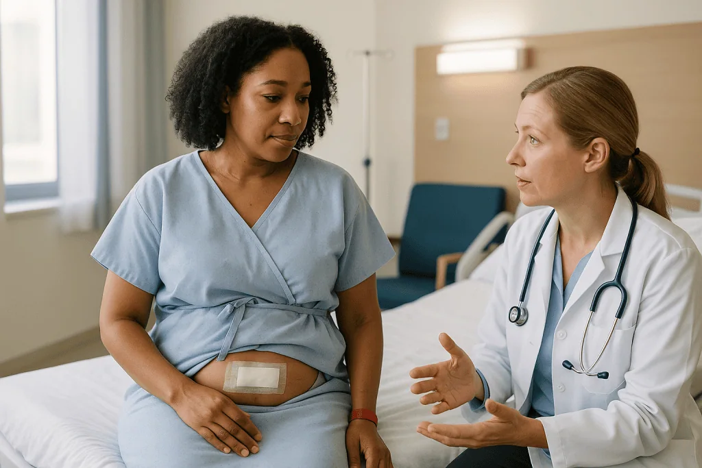 Pregnant patient in hospital gown consulting with female doctor: Is fibroid surgery a major surgery?