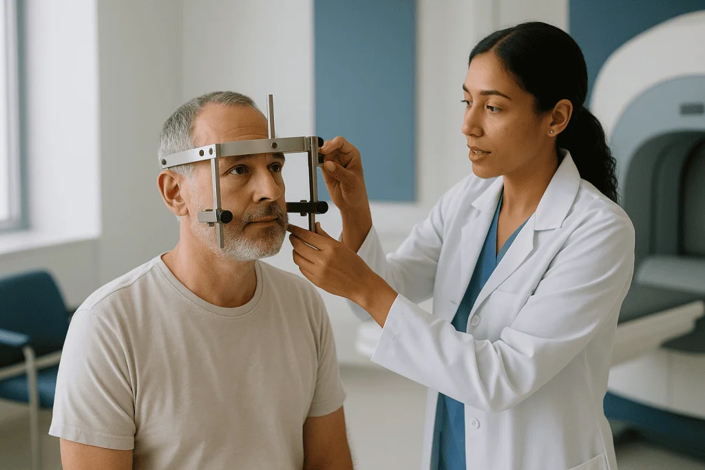 Doctor fitting measurement frame on patient's head: Is Gamma Knife painful? What the frame fitting actually feels like