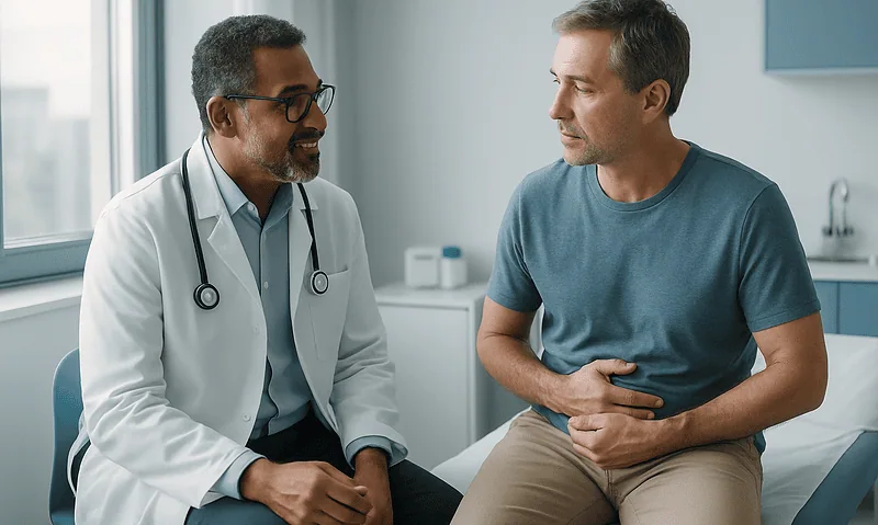 Doctor consulting with male patient in a medical office setting.