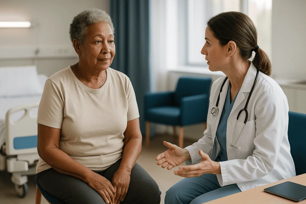 Doctor consulting with older adult patient in clinic: Is glaucoma surgery a major surgery, and who is usually asked to wait?