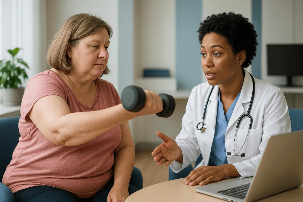 Doctor consulting patient with dumbbells during medical visit: Is GLP-1 muscle loss worse than losing weight by diet alone?