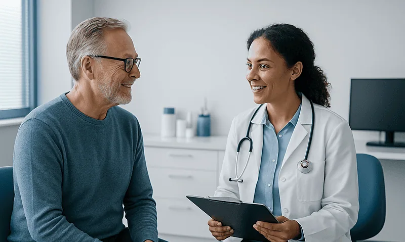 Dentist consulting with an elderly male patient in a clinic setting.