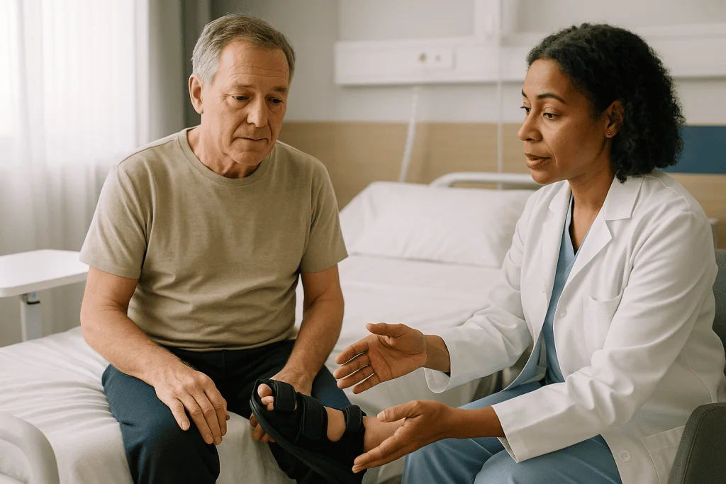Doctor examining patient's foot with black brace: Is hammer toe surgery a major surgery?