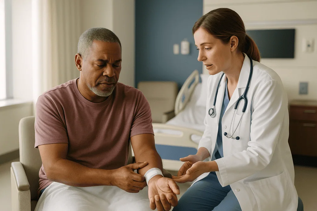 Doctor examining patient's arm during consultation: Is hand pain normal after an angiogram? What wrist (radial) access feels