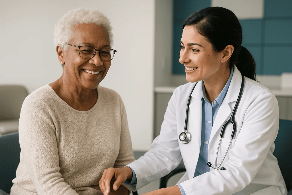 Doctor consulting with older female patient in clinical setting: Is hepatitis A IgG positive good news?