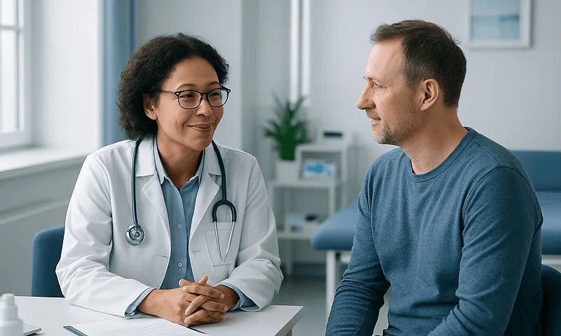 Doctor consulting with male patient in a medical office setting.