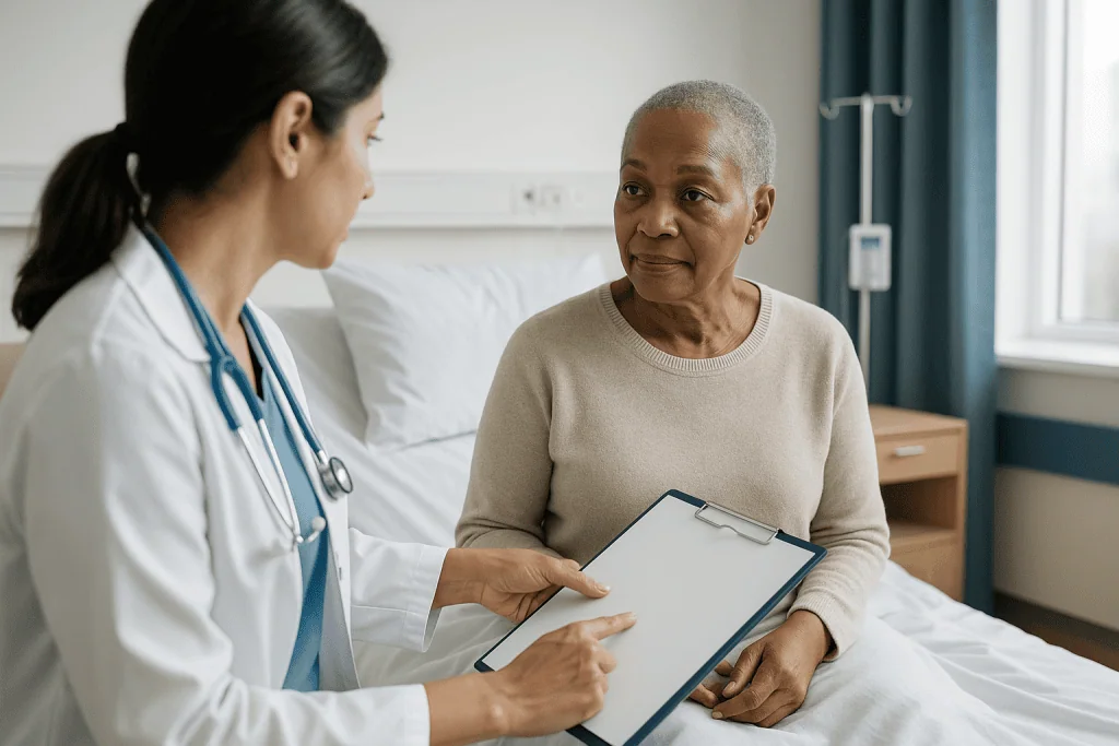 Doctor consulting with senior patient in hospital room: Is HIPEC a treatment for peritoneal cancer, and what does cytoreduct