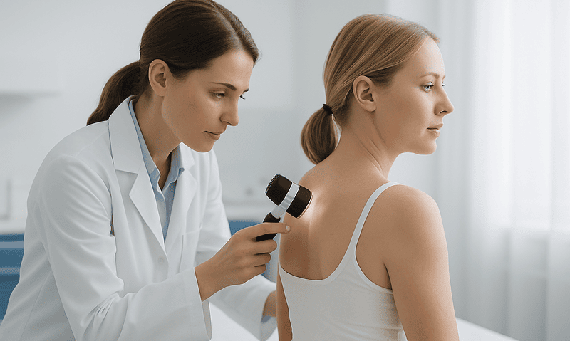 Dermatologist examines patient's skin with a dermatoscope at a clinic.