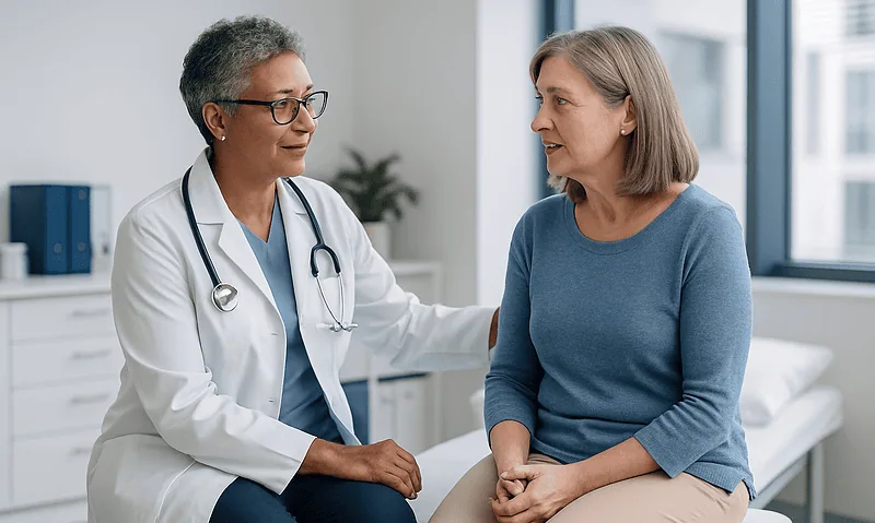 Doctor consulting with a middle-aged woman about urinary health.
