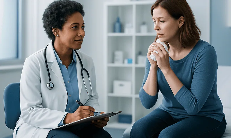 Doctor consulting with a patient about symptoms in a medical office.