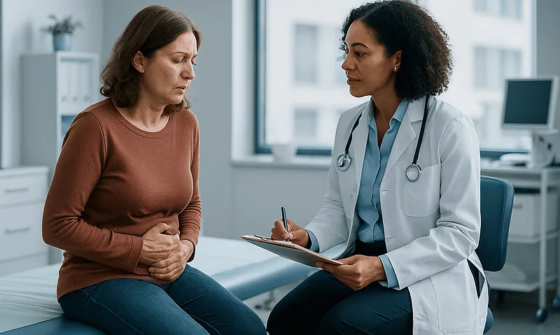 Doctor consulting with a patient about Crohn's disease symptoms in a clinic.