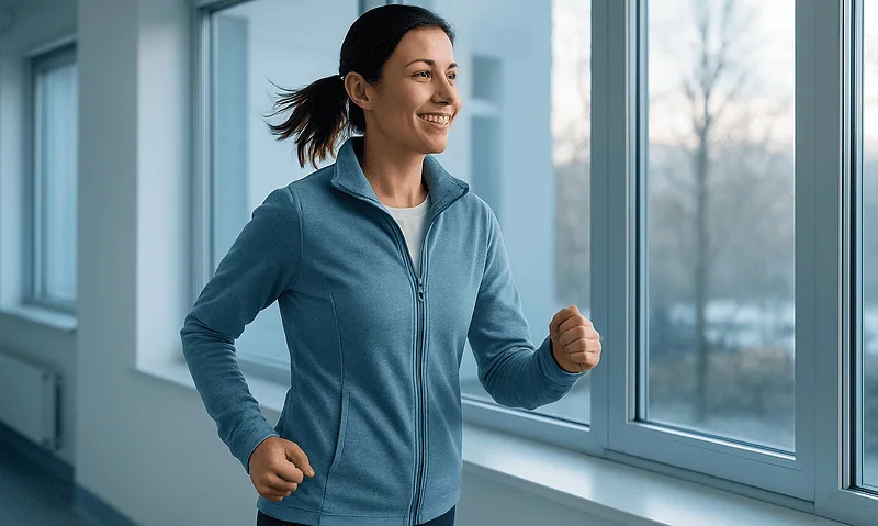 Smiling woman jogging indoors near large windows at Acibadem Hospitals Group.