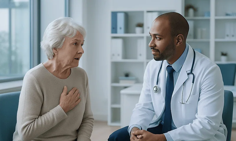 Doctor consulting with elderly woman about respiratory health in clinic.