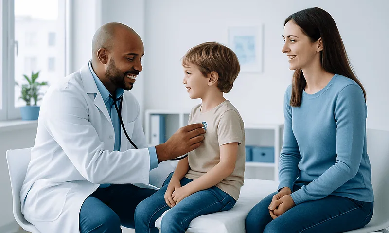 Pediatrician examining a young boy with his mother in a clinic setting.