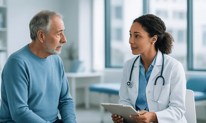 Doctor consulting with an elderly male patient in a modern clinic setting.