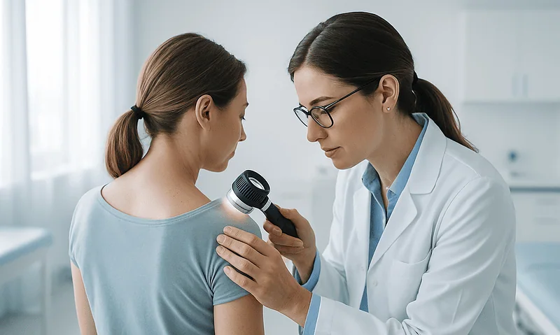 Dermatologist examining scalp with dermatoscope in clinic.