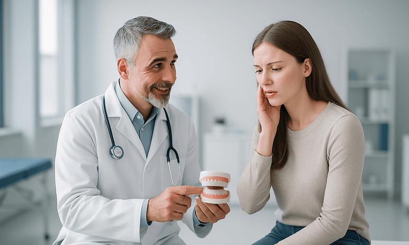 Dentist explaining dental care to a young woman with tooth pain.
