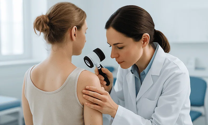 Dermatologist examining a patient's shoulder with a dermatoscope in a clinical setting.