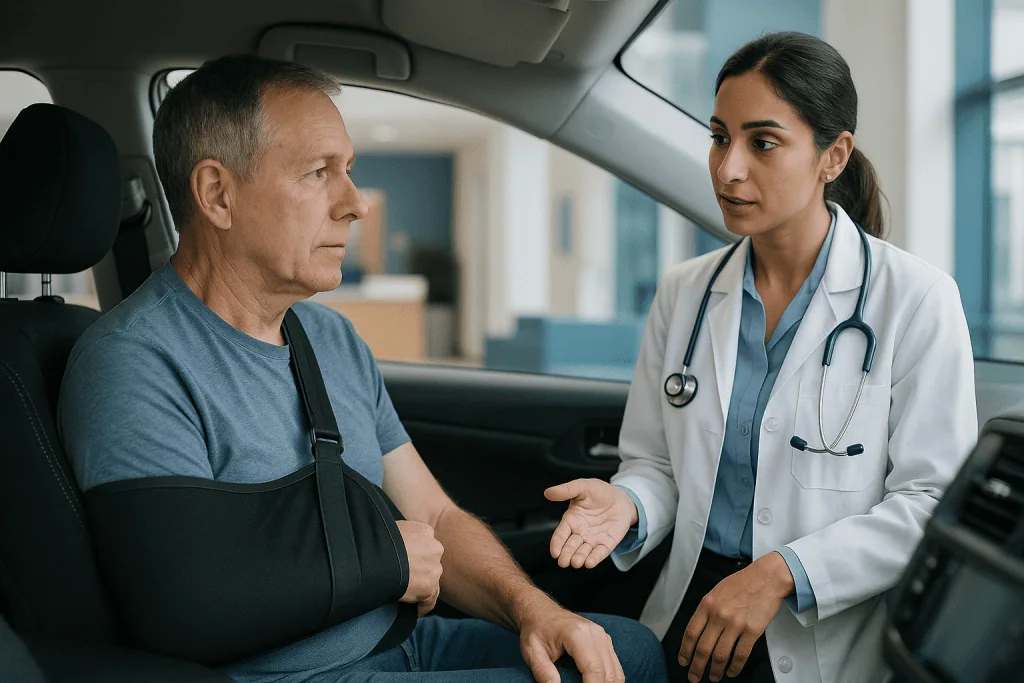 Doctor consulting patient in car about arm injury: Is it illegal to drive after rotator cuff surgery, or just driving with a