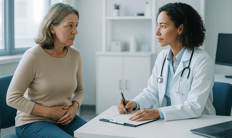 Doctor consulting with a middle-aged woman in a medical office.