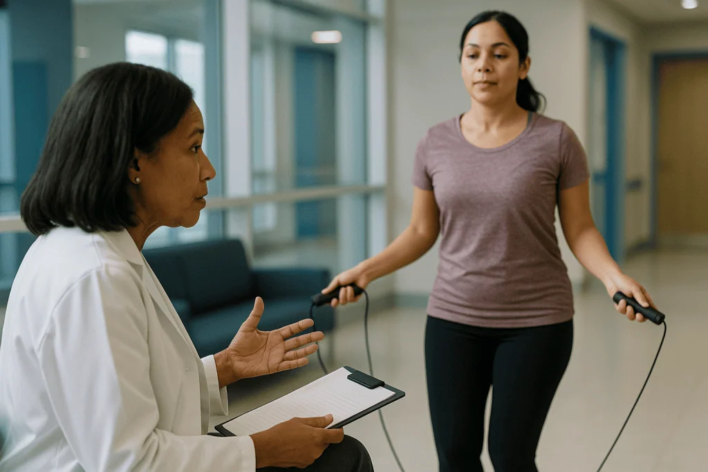 Woman using jump rope indoors with medical professional observing: Is it jump rope or jumping rope, and does the name matter