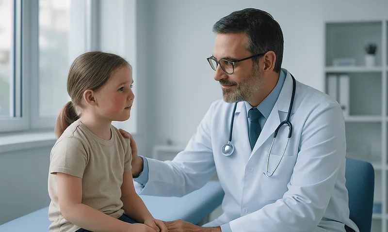 Pediatric doctor examining a young girl in a hospital setting.