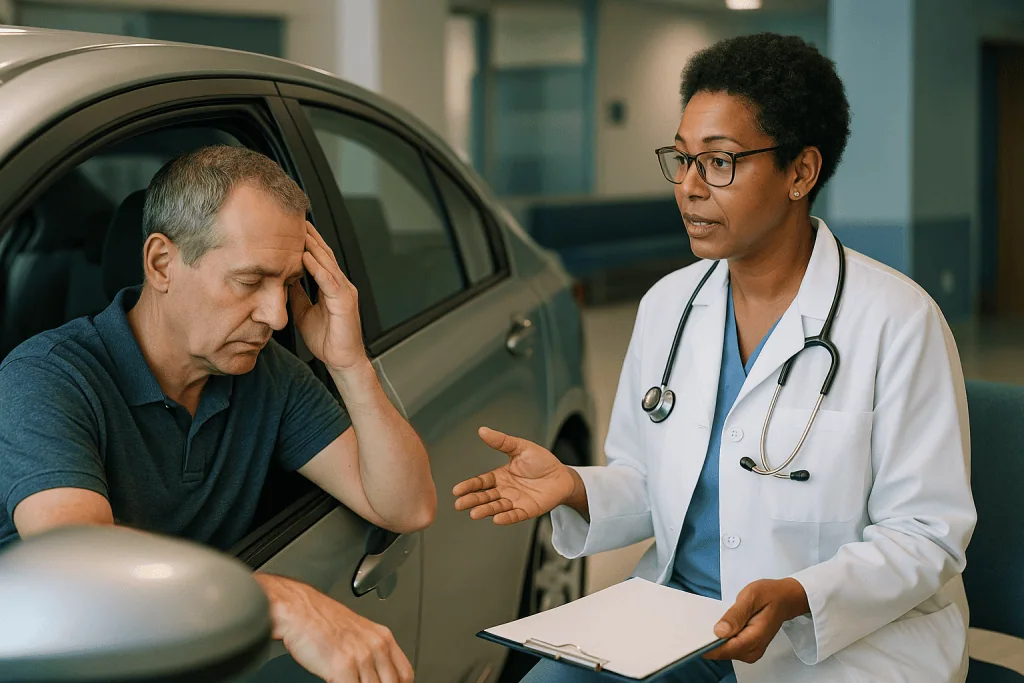 Doctor consulting patient near car in hospital: Is it legal to drive with vertigo?