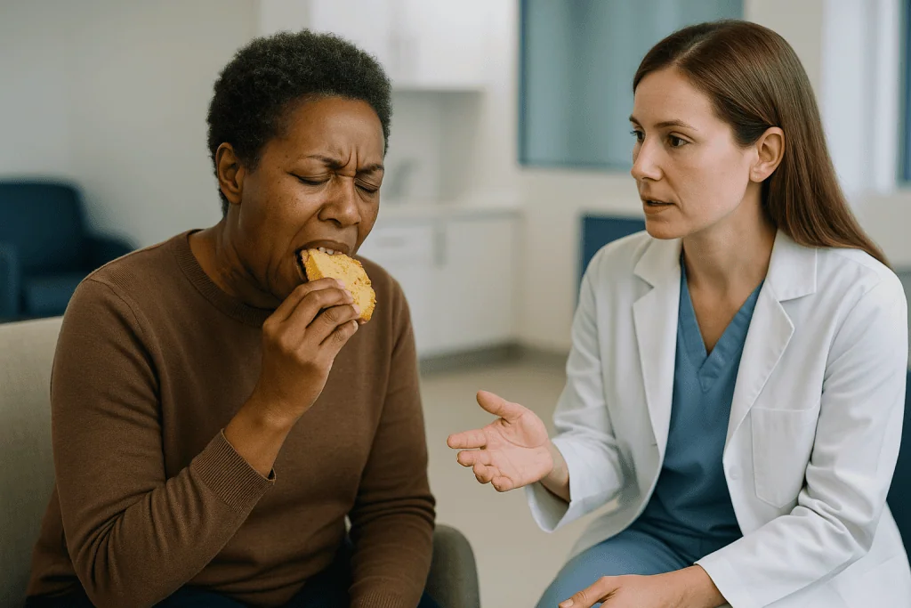 Woman eating food while healthcare provider watches and gestures — Is it normal for a new crown to hurt? Crown pain when biti