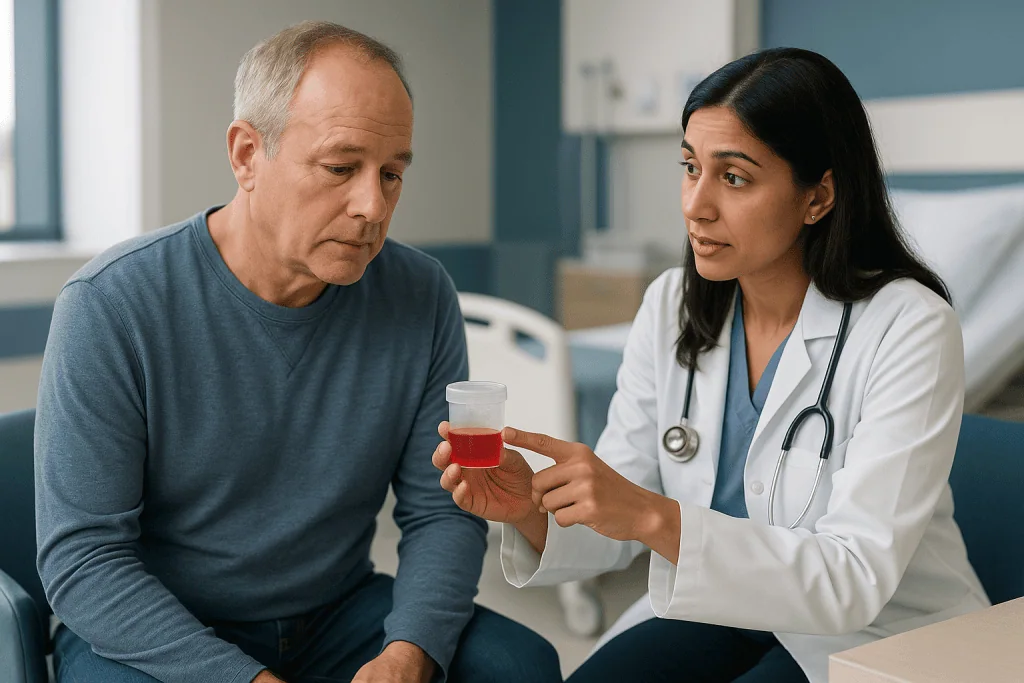 Doctor showing urine sample cup to male patient: Is it normal to pee blood with a ureteral stent in place?