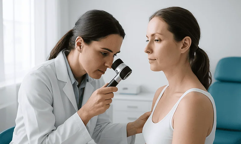 Dermatologist examining patient's skin with a dermatoscope in clinic.